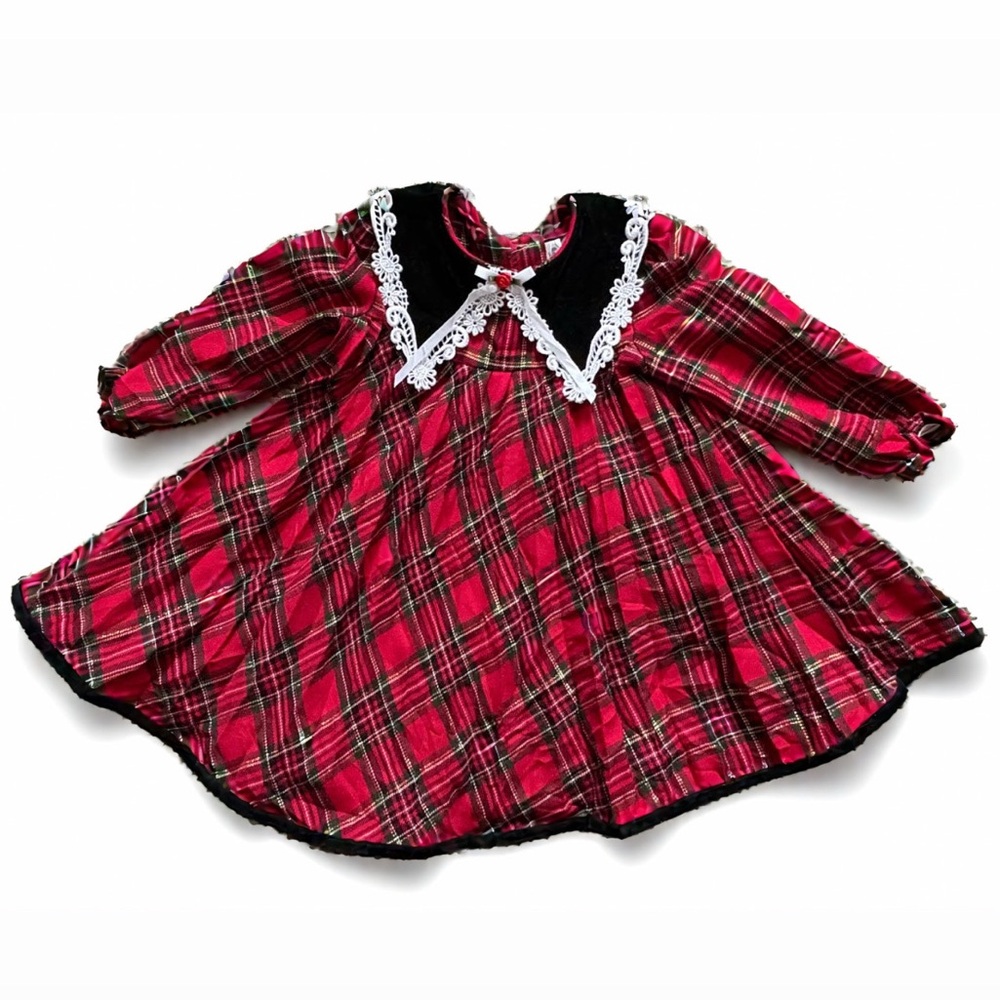 Youngland Red Plaid Dress W/ Velvet And Lace Collar - 18M